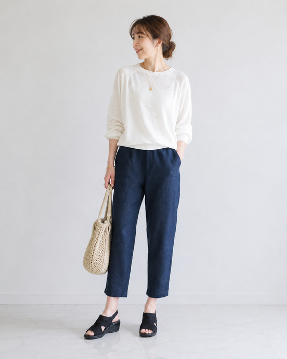 綿麻クロップドパンツ レディース｜テーパード 7分丈 ウエストゴム 体型カバー 春夏