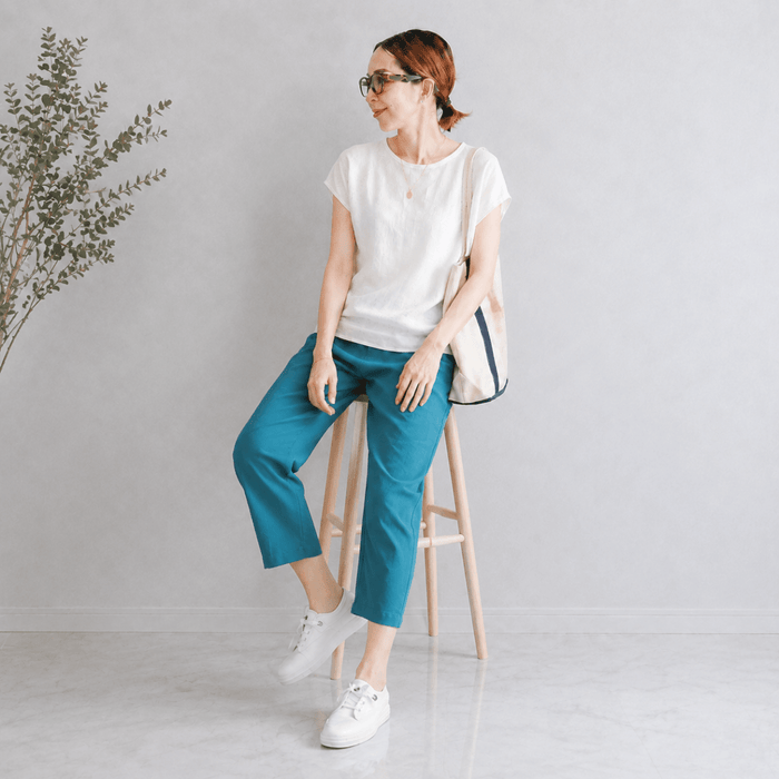 綿麻クロップドパンツ レディース｜テーパード 7分丈 ウエストゴム 体型カバー 春夏