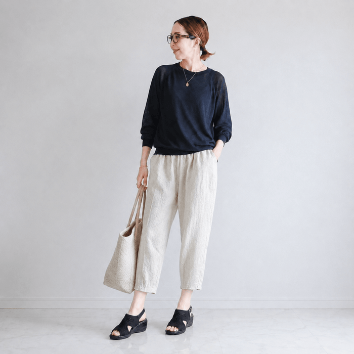 綿麻クロップドパンツ レディース｜テーパード 7分丈 ウエストゴム 体型カバー 春夏
