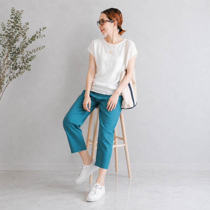 綿麻クロップドパンツ レディース｜テーパード 7分丈 ウエストゴム 体型カバー 春夏