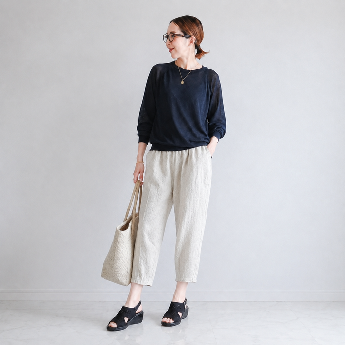 綿麻クロップドパンツ レディース｜テーパード 7分丈 ウエストゴム 体型カバー 春夏