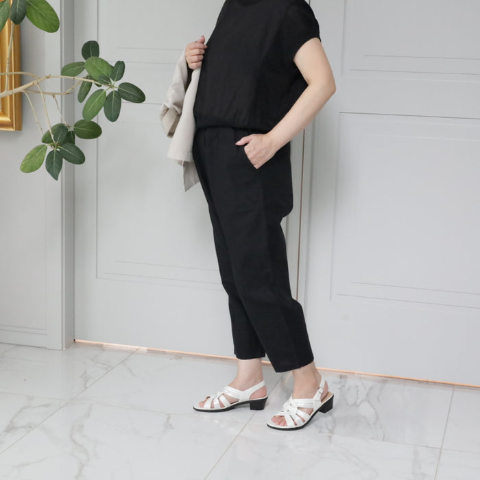 綿麻クロップドパンツ レディース｜テーパード 7分丈 ウエストゴム 体型カバー 春夏