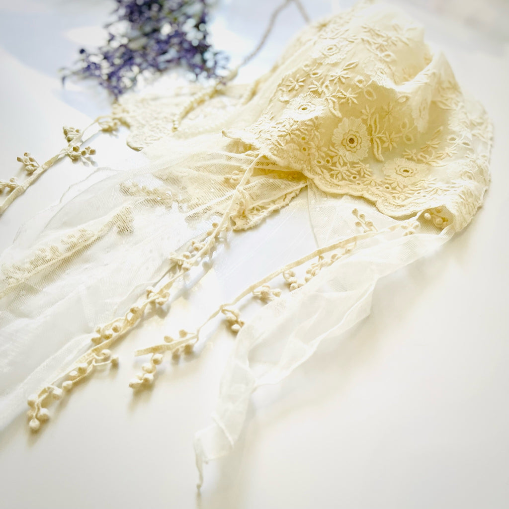 刺繍チュールレース 白 青 ドールドレス アンティーク 洋裁 裁縫